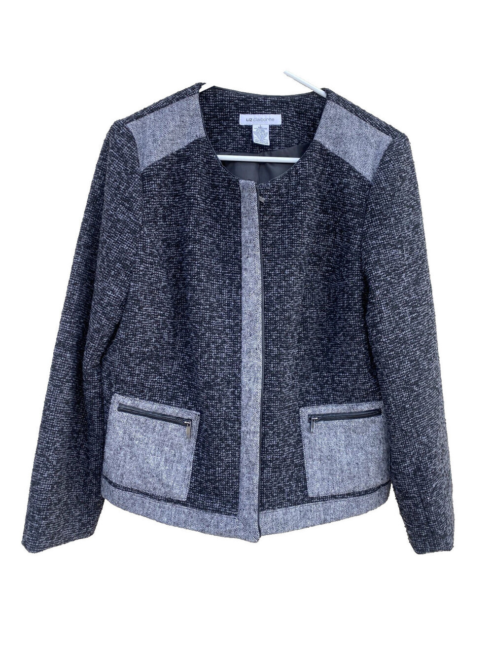 Liz Claiborne Tweed Wool Blend Full Zip Jacket Womens Size L Gray Black Pockets